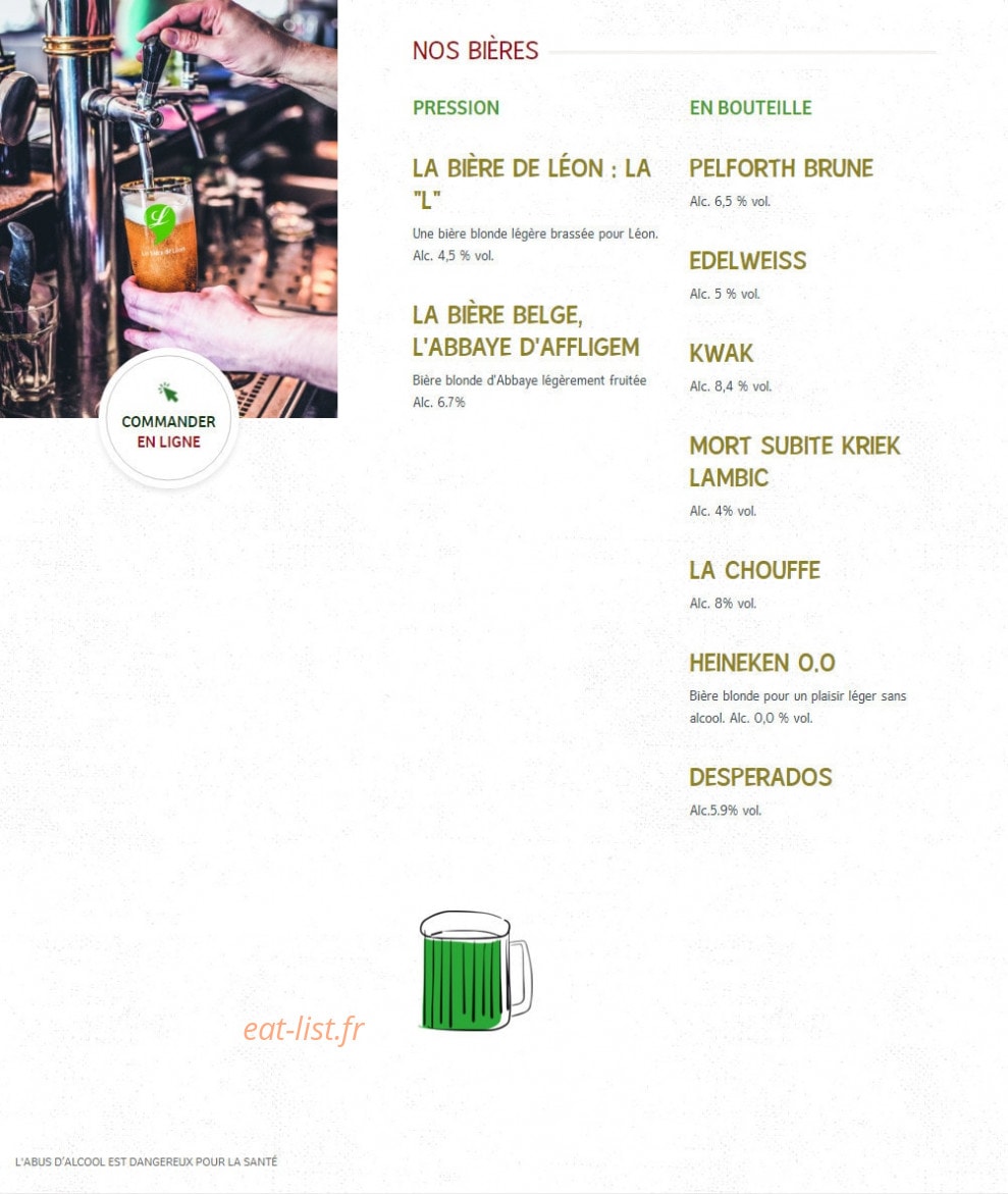 Carte et menu de Léon de Bruxelles à Vandoeuvre les Nancy — Bières