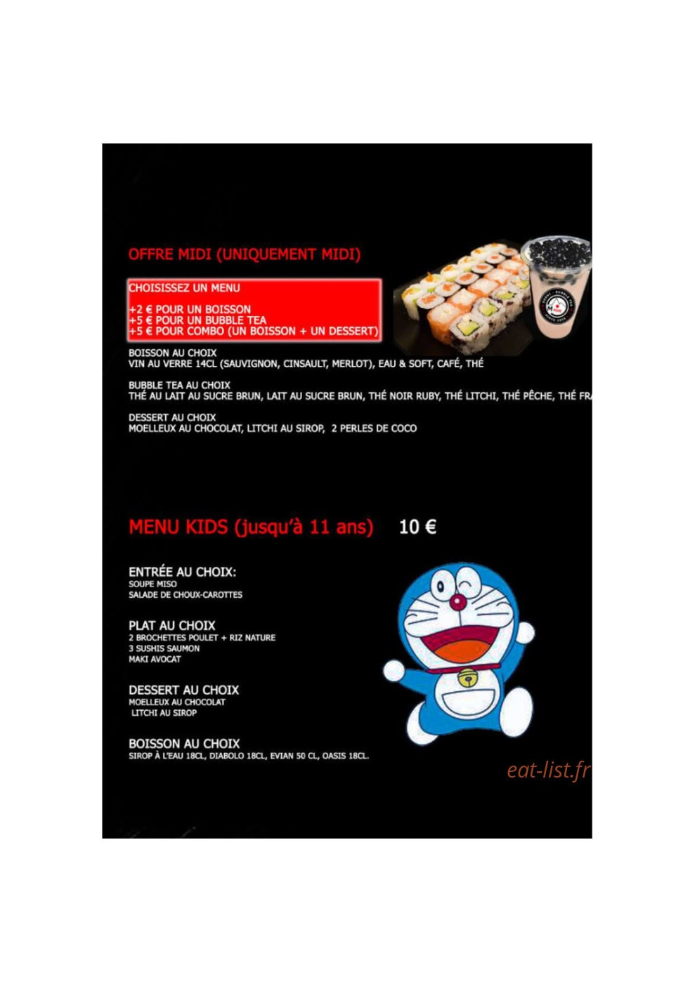 Carte et menu de Monsieur FUJI Sushi & Bubble Tea à Vandoeuvre les Nancy — Offre, menu enfant