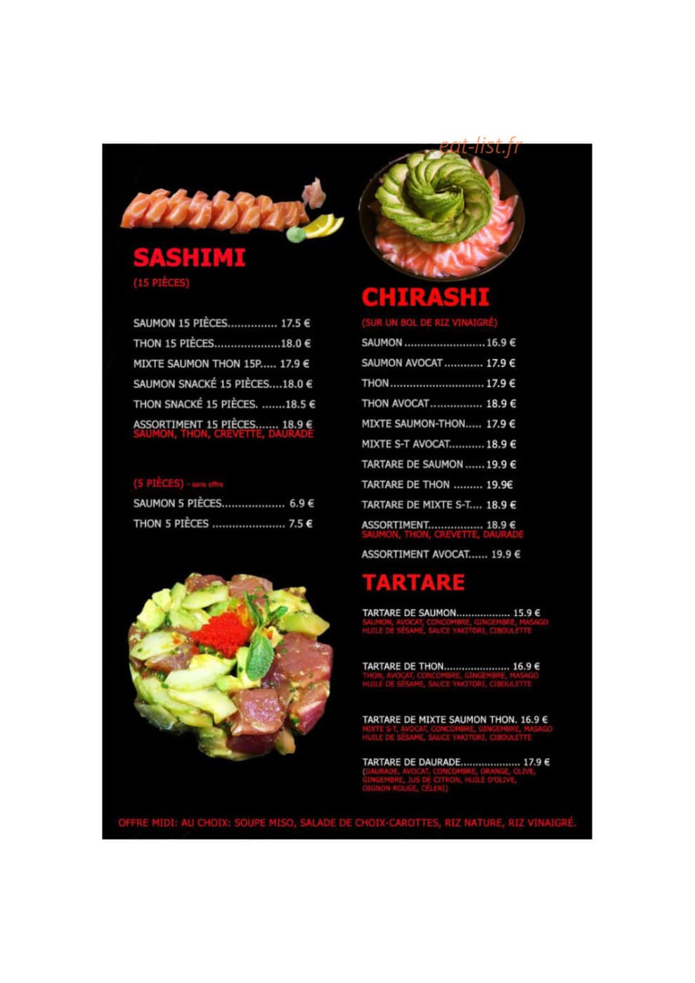Carte et menu de Monsieur FUJI Sushi & Bubble Tea à Vandoeuvre les Nancy — Sashimi, chirashi, tartare