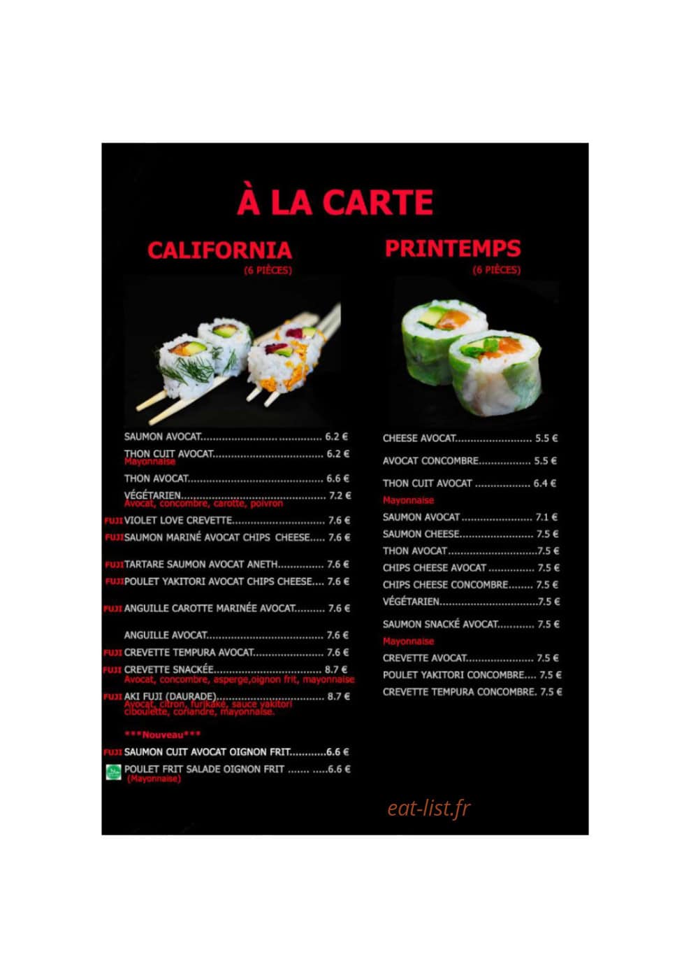 Carte et menu de Monsieur FUJI Sushi & Bubble Tea à Vandoeuvre les Nancy — Plats a la carte suite