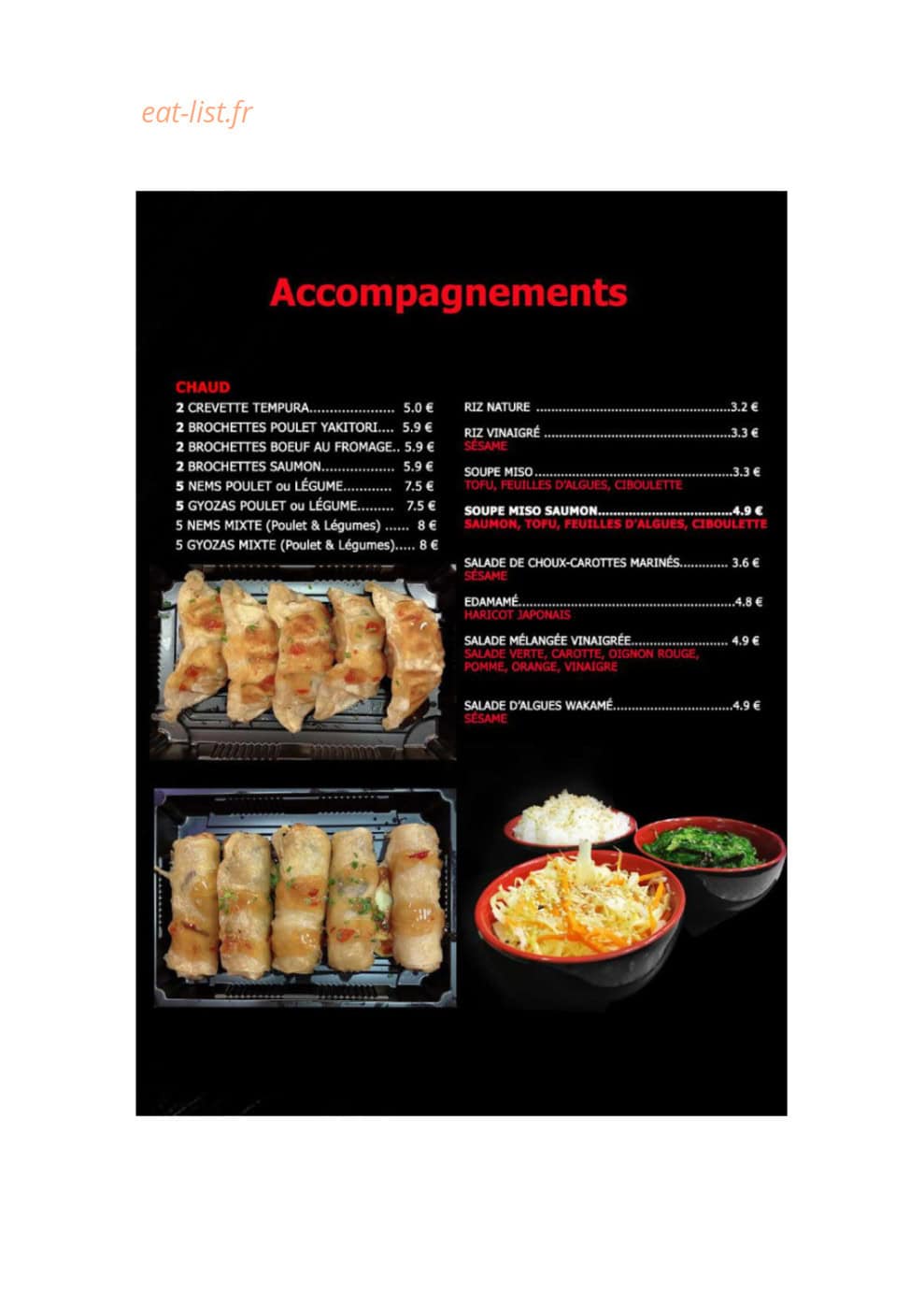 Carte et menu de Monsieur FUJI Sushi & Bubble Tea à Vandoeuvre les Nancy — Accompagnements