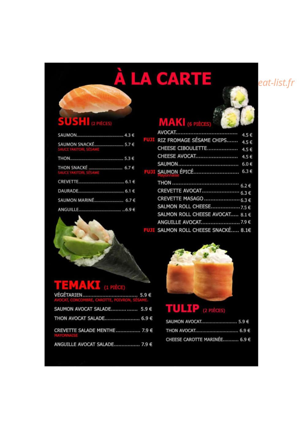 Carte et menu de Monsieur FUJI Sushi & Bubble Tea à Vandoeuvre les Nancy — Plats a la carte