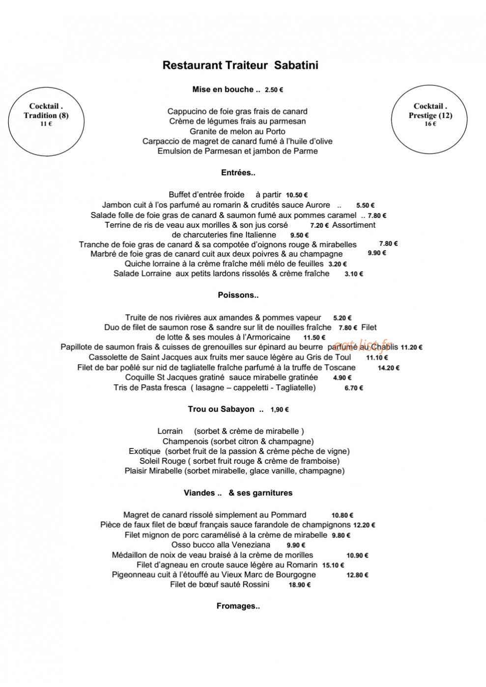Restaurant Sabatini — carte page 1
