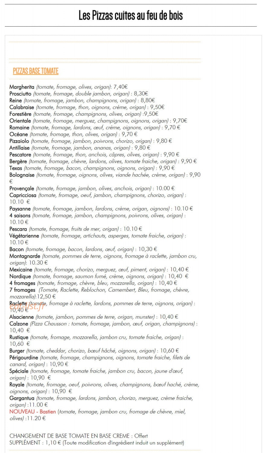 Pam Pizzas — carte page 1