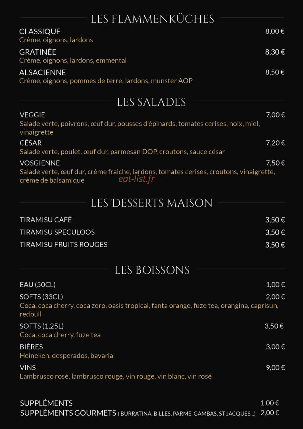Carte et menu de Della Regina à Jarny — Les flams, salades, desserts et boissons