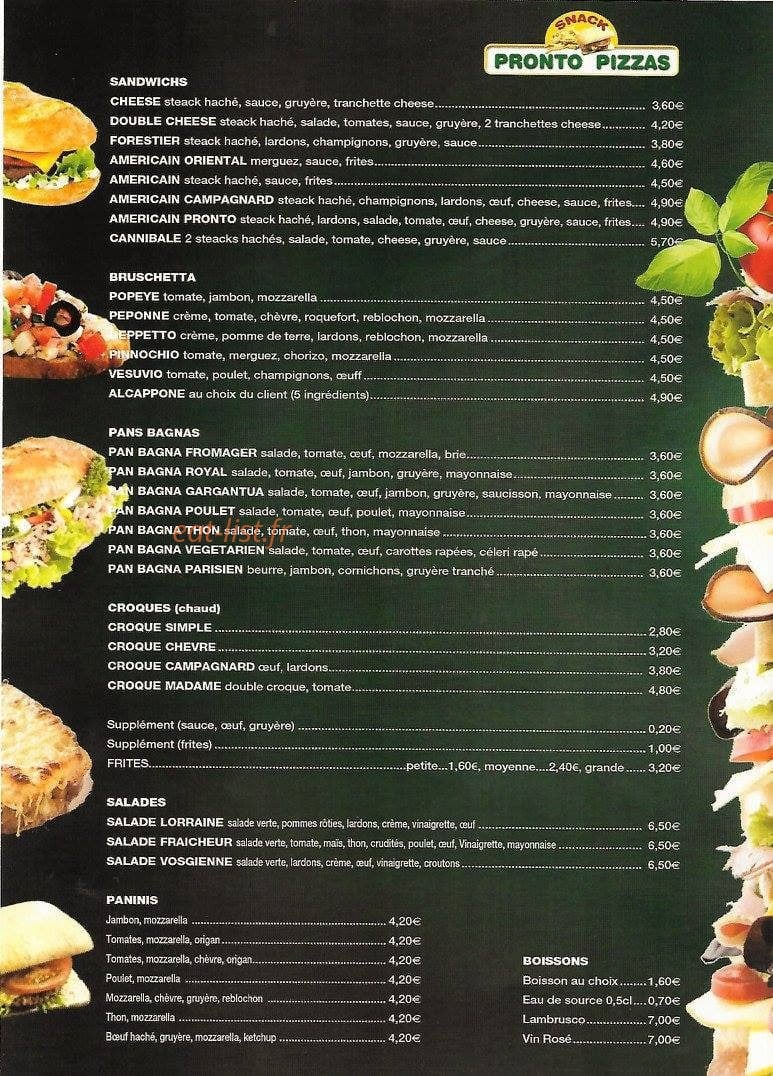 Pronto Pizzas — carte page 1