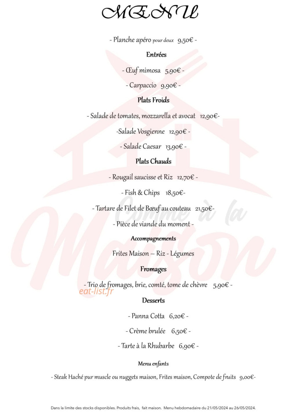 Comme à la Maison — carte page 1