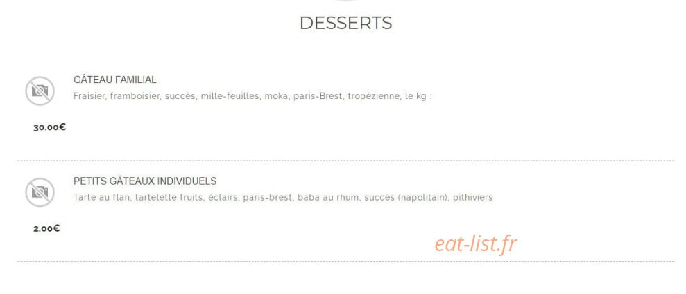 Carte et menu de Boulangerie Vouaux à Diarville — Les desserts