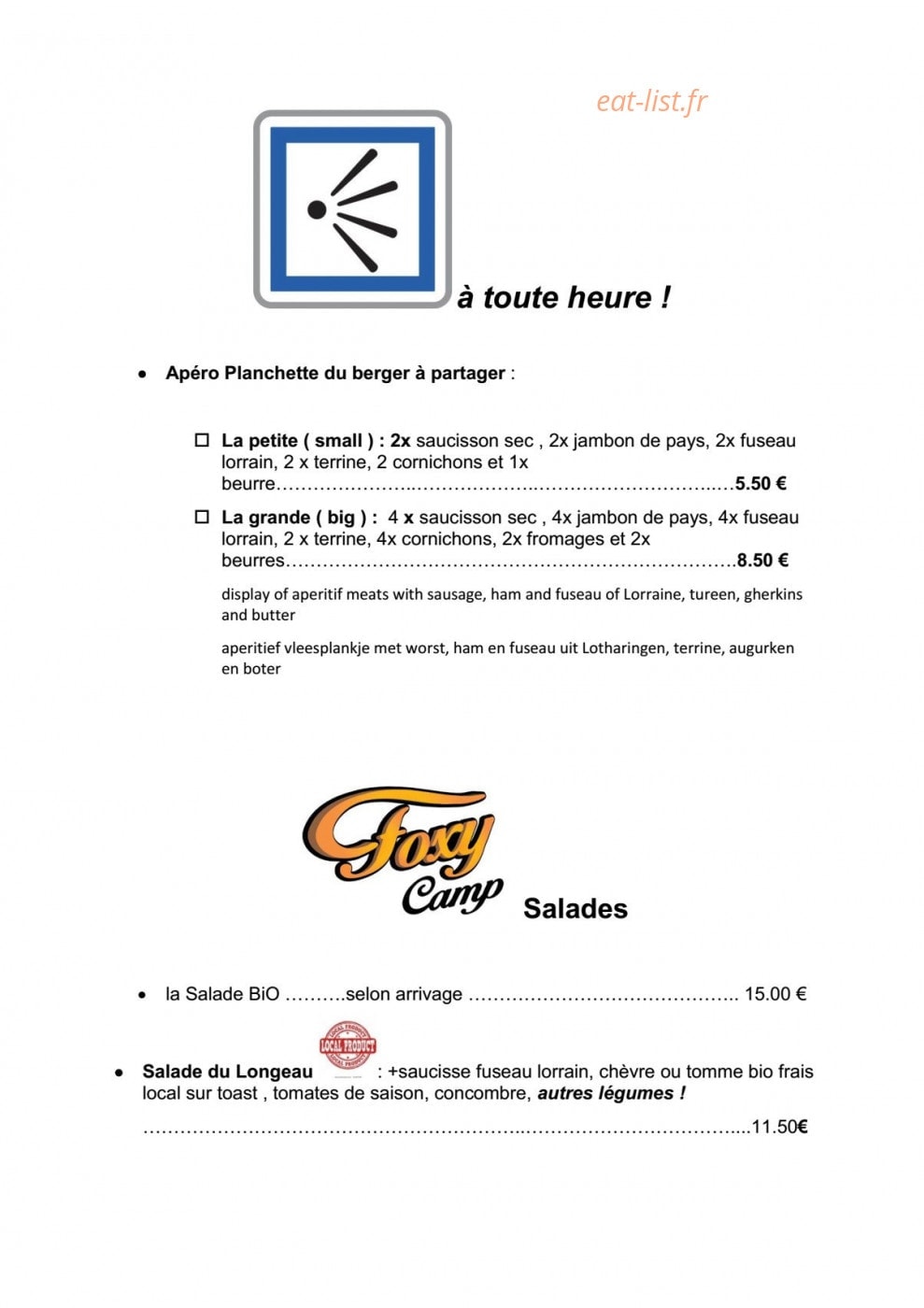 Carte et menu de La Franquette du Longeau à Hannonville Sous les Cote — Apéro planchette du berger à partager et salades