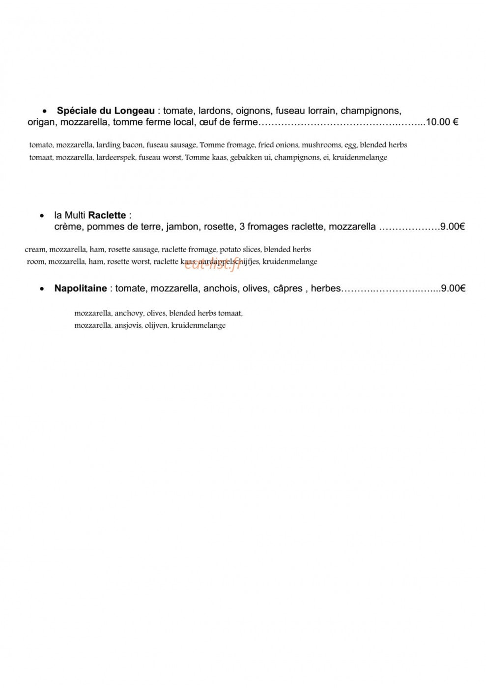 Carte et menu de La Franquette du Longeau à Hannonville Sous les Cote — Pizzas suite