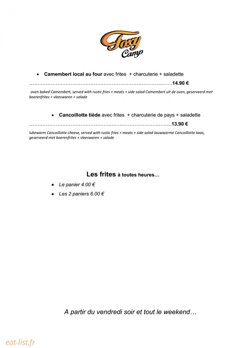 Carte et menu de La Franquette du Longeau à Hannonville Sous les Cote — Salades suite et frites
