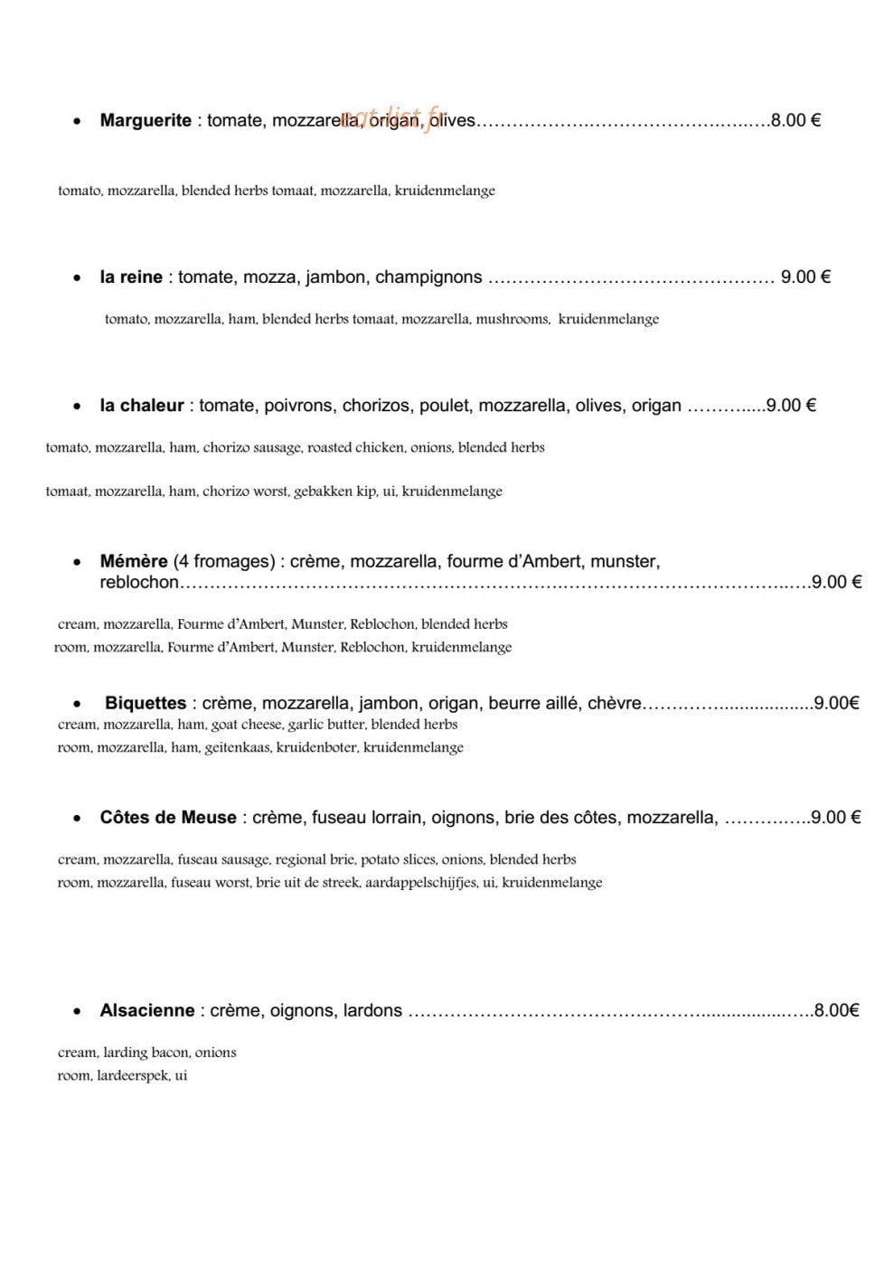 Carte et menu de La Franquette du Longeau à Hannonville Sous les Cote — Pizzas