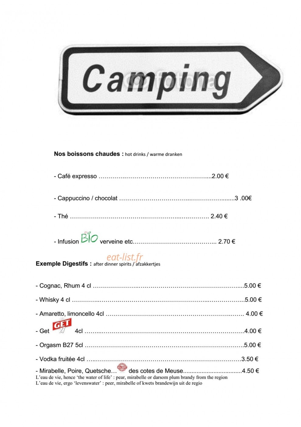 Carte et menu de La Franquette du Longeau à Hannonville Sous les Cote — Boissons chaudes et digestifs