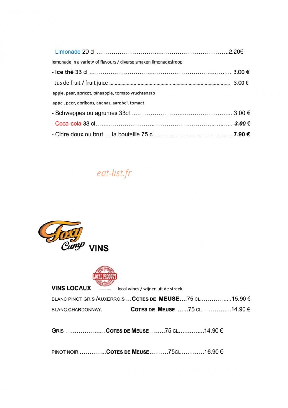 Carte et menu de La Franquette du Longeau à Hannonville Sous les Cote — Softs suite et vins