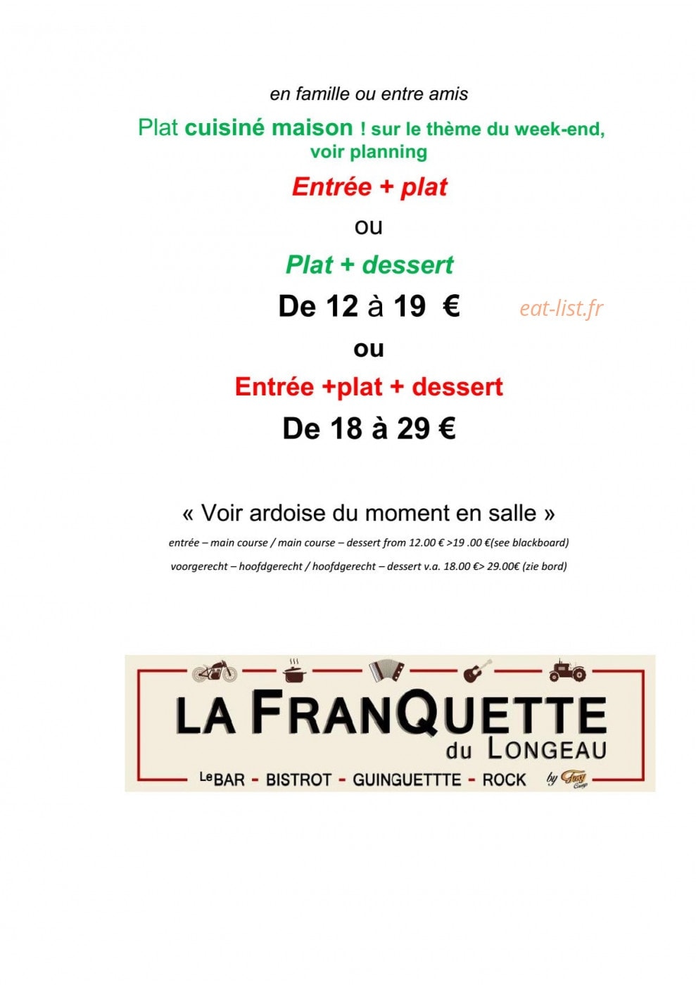 Carte et menu de La Franquette du Longeau à Hannonville Sous les Cote — Menus