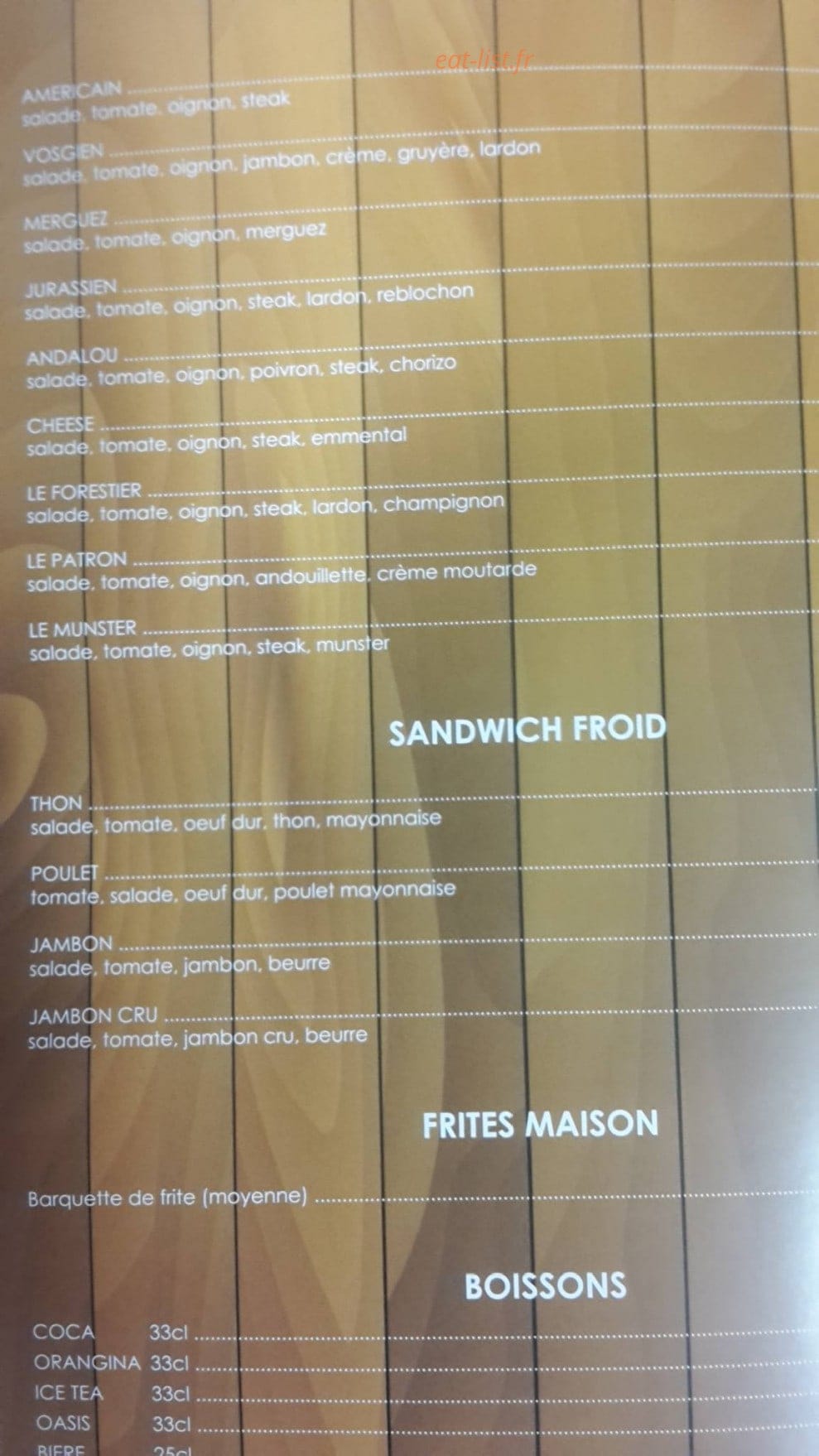 Carte et menu de Le Chalet Gourmand à Villers sur Meuse — Les sandwiches, frites et boissons