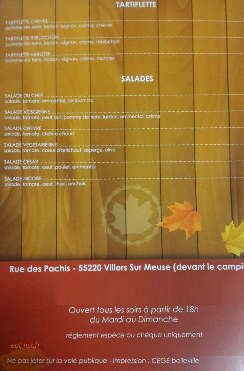 Carte et menu de Le Chalet Gourmand à Villers sur Meuse — Les tartiflettes et salades