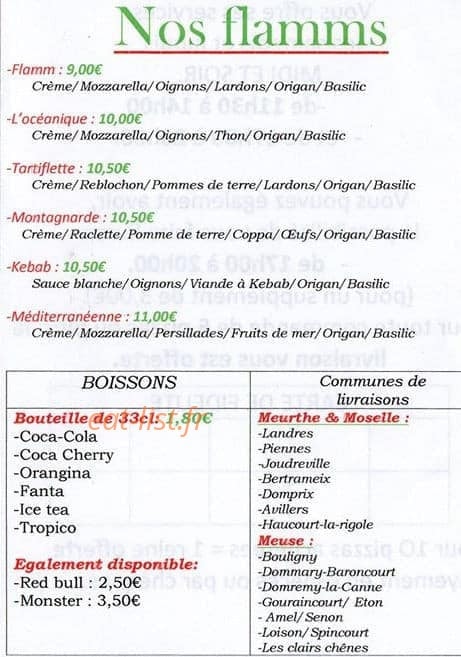 Carte et menu de Les p'tisplaisirs de Joh à Dommary Baroncourt — Les flamms et boissons