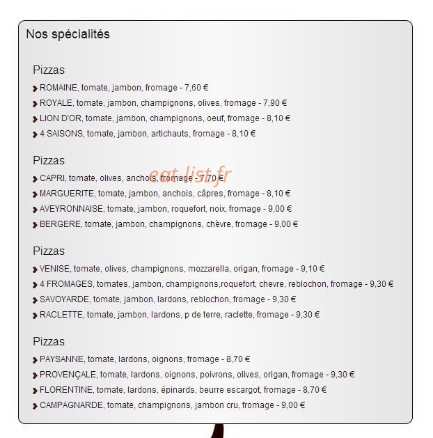 Pizzeria du Lion D'Or — carte page 1