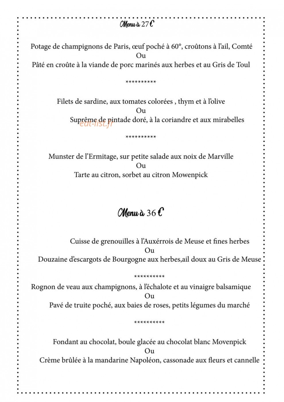 Auberge De Marville — carte page 1