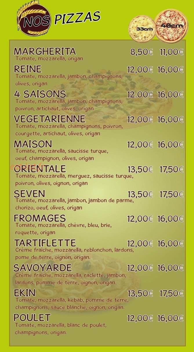 Carte et menu de Ekin Pizza à Thierville sur Meuse — Les pizzas