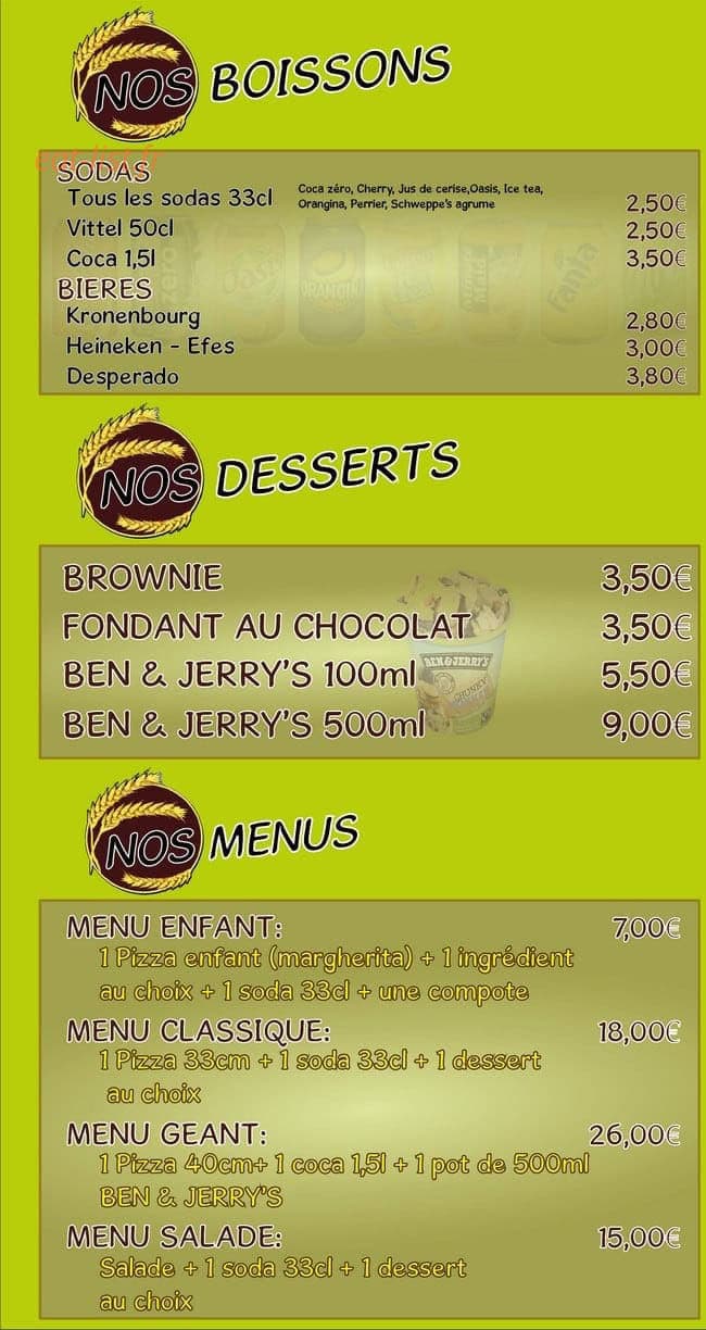 Carte et menu de Ekin Pizza à Thierville sur Meuse — Les boissons, desserts, ...