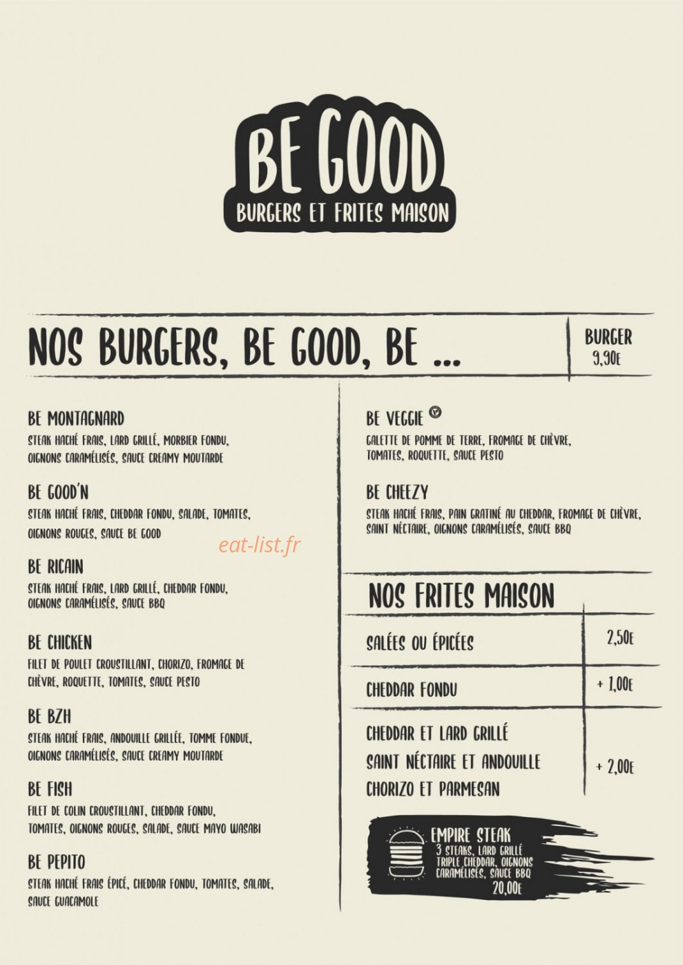 Be Good burger — carte page 1