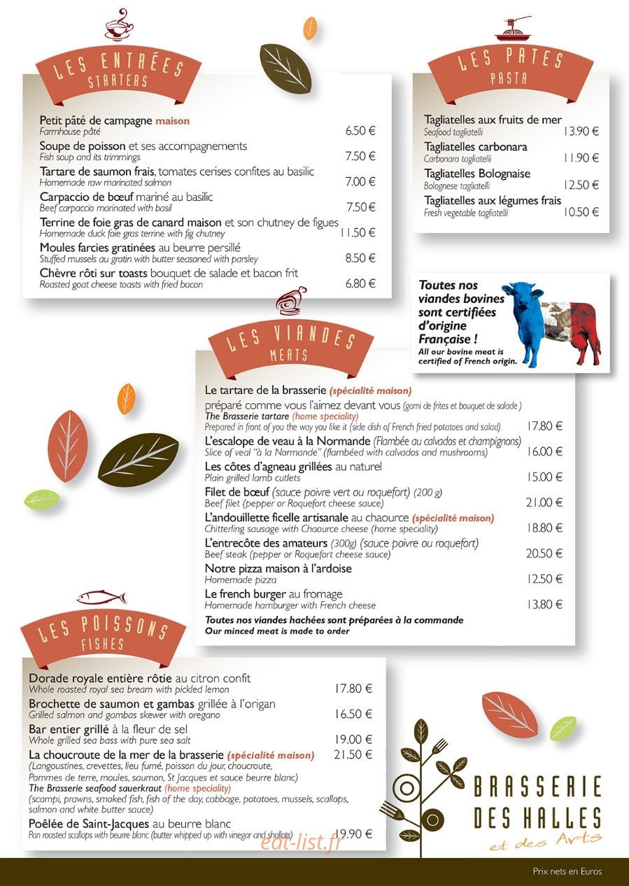 Brasserie des halles — carte page 1
