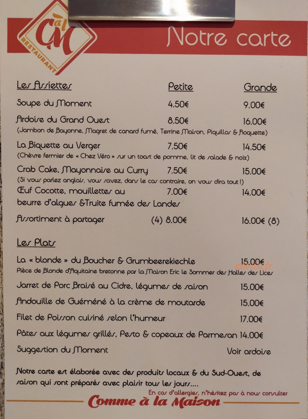 Comme à la Maison — carte page 1
