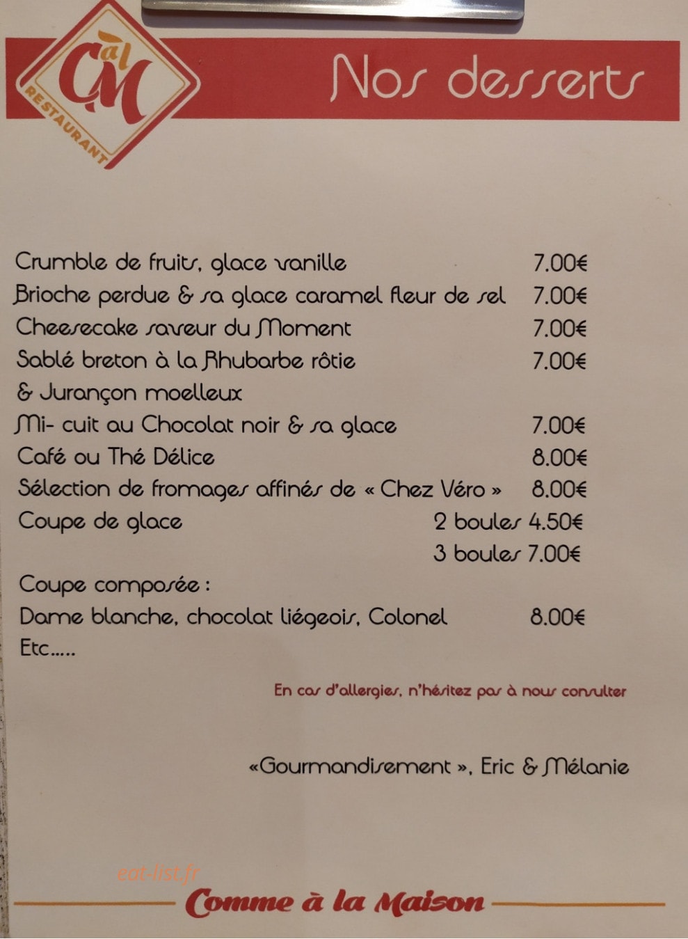 Comme à la Maison — carte page 2