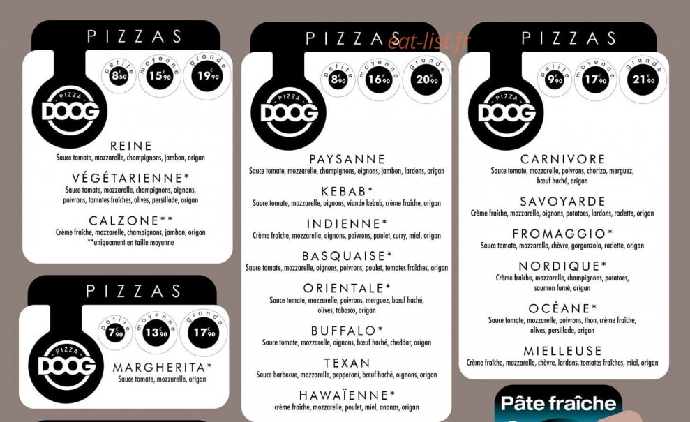 Doog Pizza — carte page 1