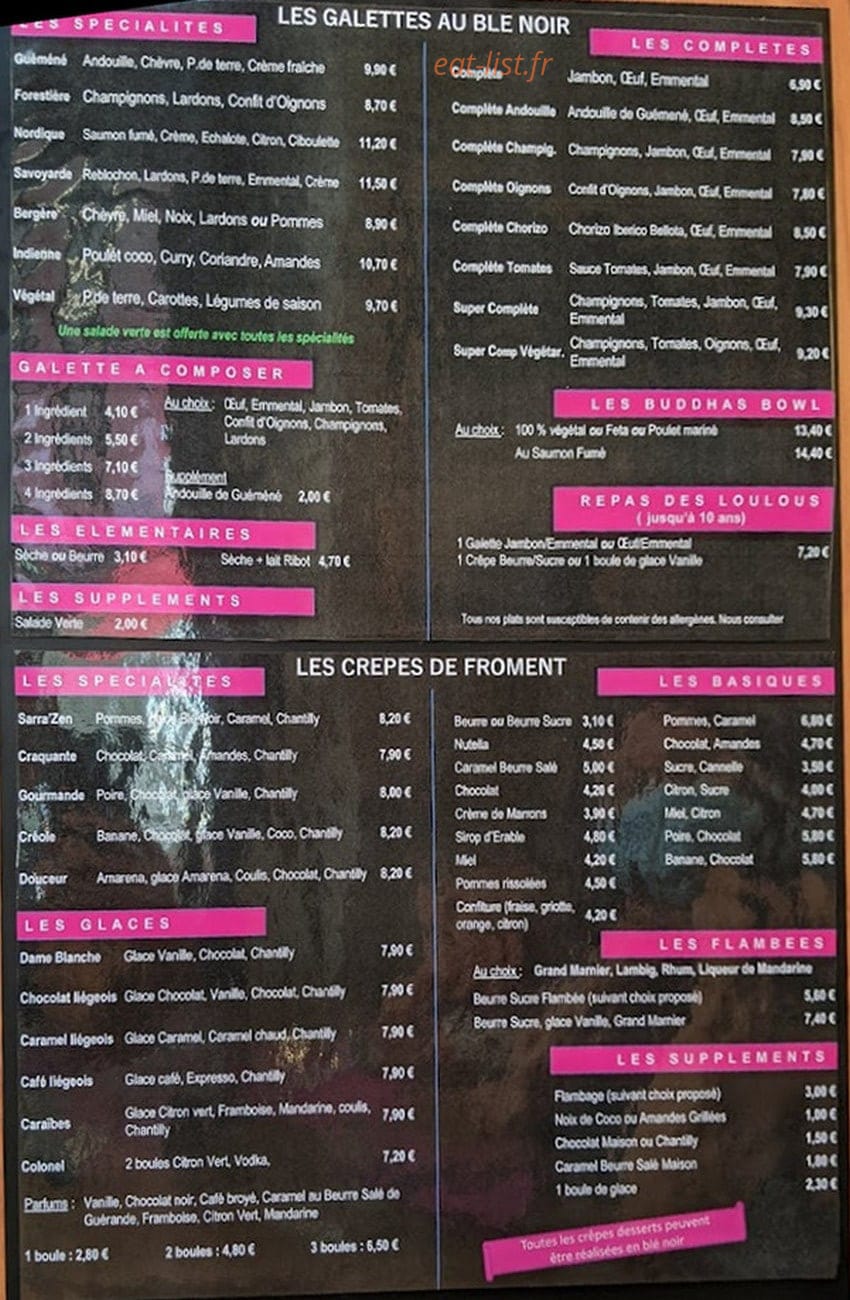La Crêperie Sarra'Zen — carte page 1