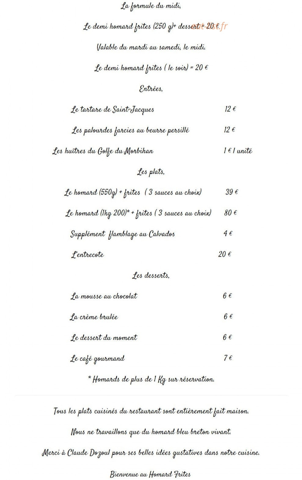 Carte et menu de Le homard frites à Vannes — Les entrées, plats,...