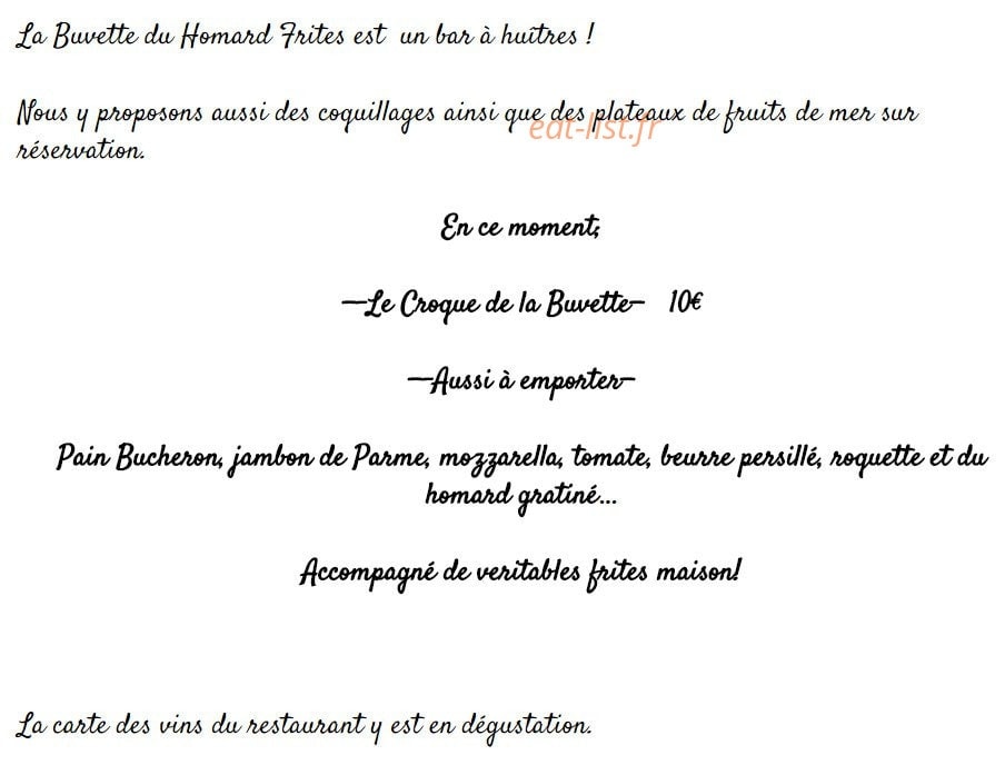 Carte et menu de Le homard frites à Vannes — Le croque de la buvette