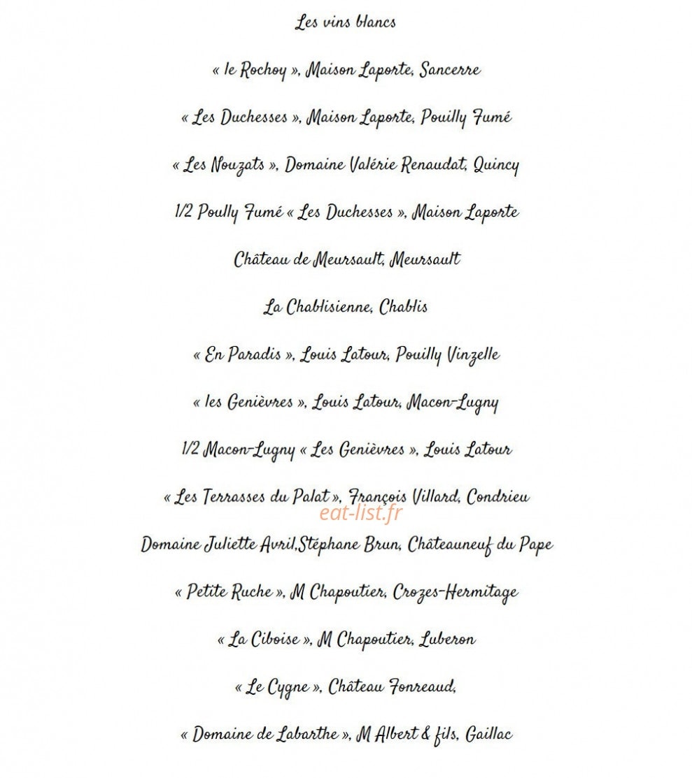 Carte et menu de Le homard frites à Vannes — Les vins blancs