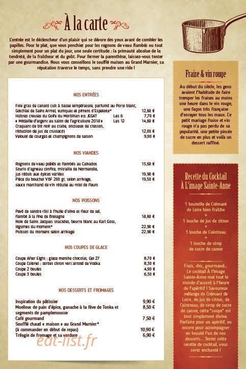 Restaurant A l'Image Sainte Anne — carte page 3
