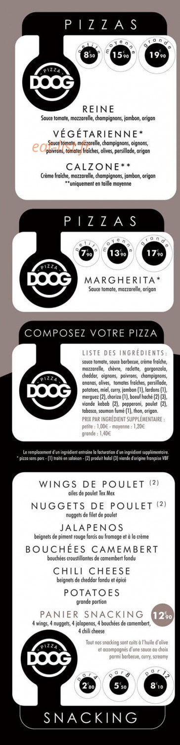 Doog Pizza — carte page 1