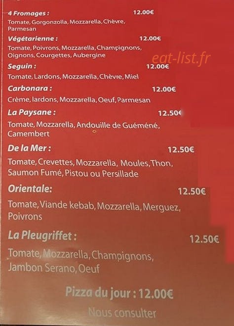 Carte et menu de Bar restaurant Pizzeria de la Place à Pleugriffet — pizzas suites