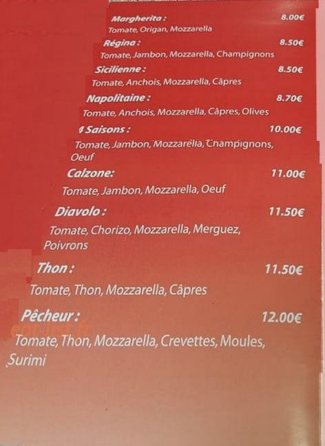Carte et menu de Bar restaurant Pizzeria de la Place à Pleugriffet — pizzas