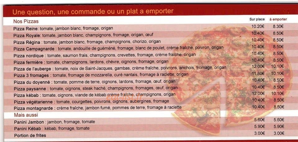 Carte et menu de Auberge armor vilaine à Peaule — Pizzas