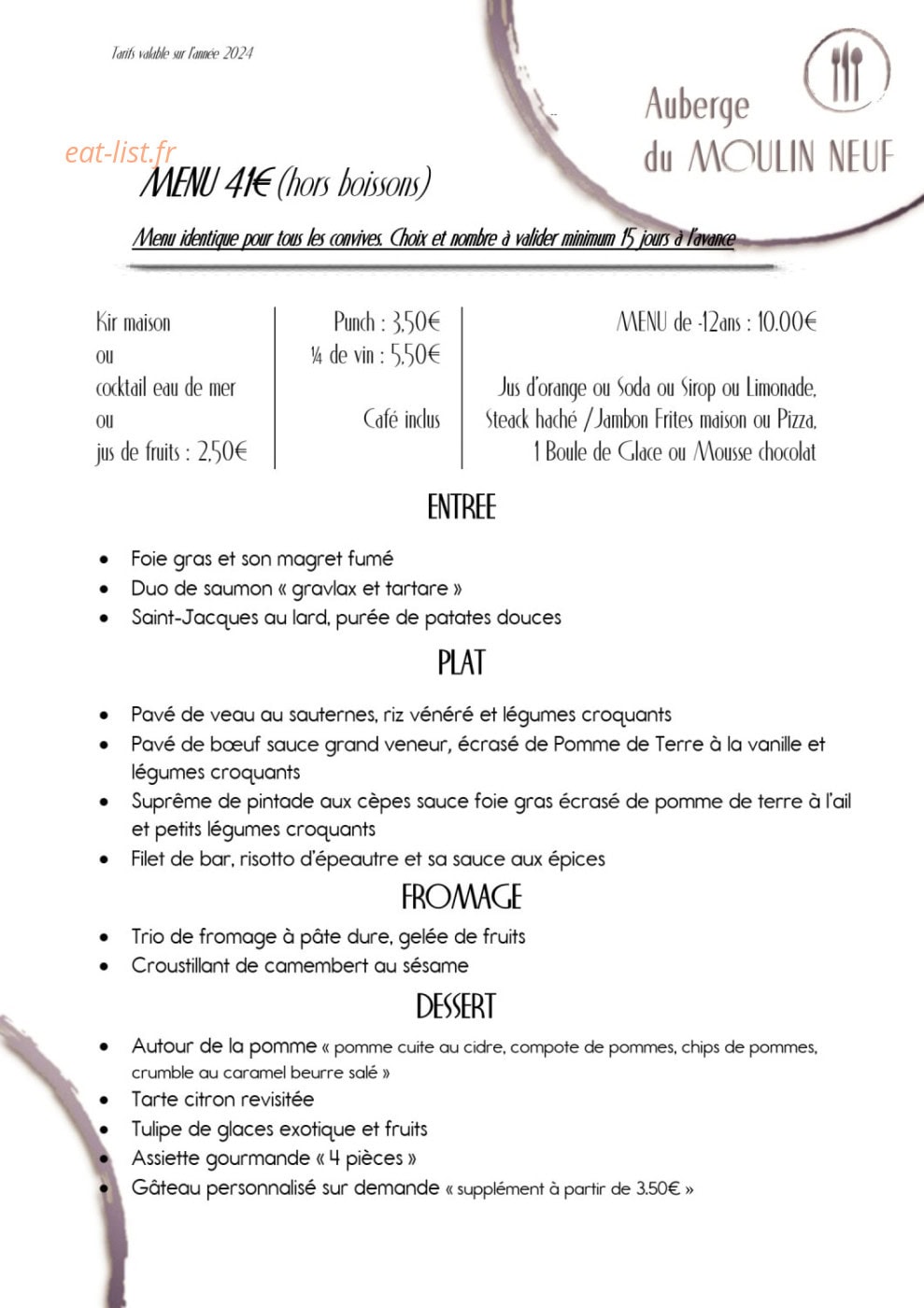 Auberge du Moulin Neuf — carte page 17