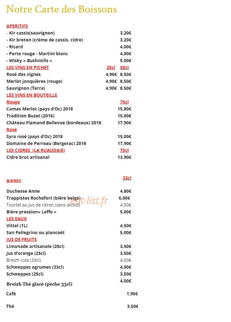 Carte et menu de Aux Délices de Marie à Rochefort en Terre — La carte des boissons