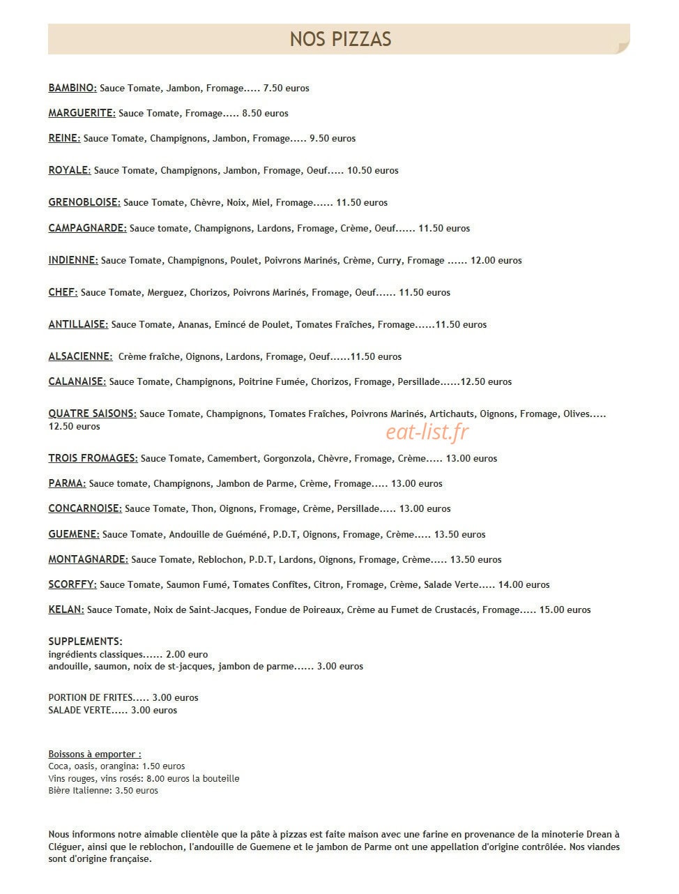 Kelan Pizzas — carte page 1