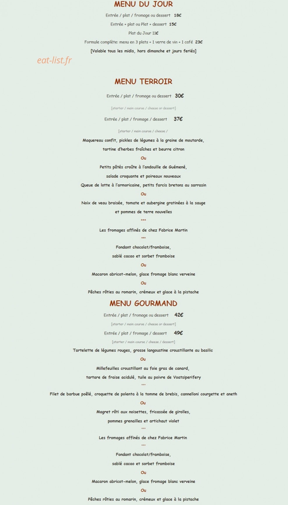 Auberge de Pont Calleck — carte page 1