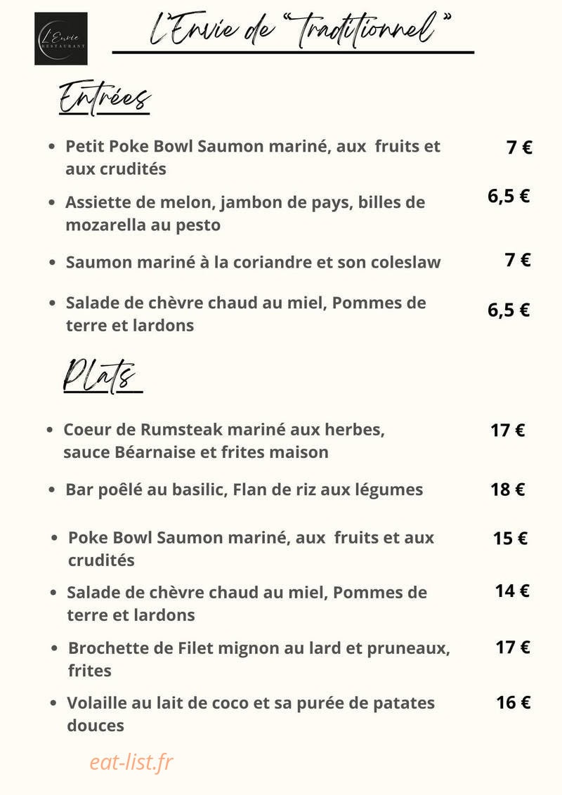 L'Envie Restaurant — carte page 1