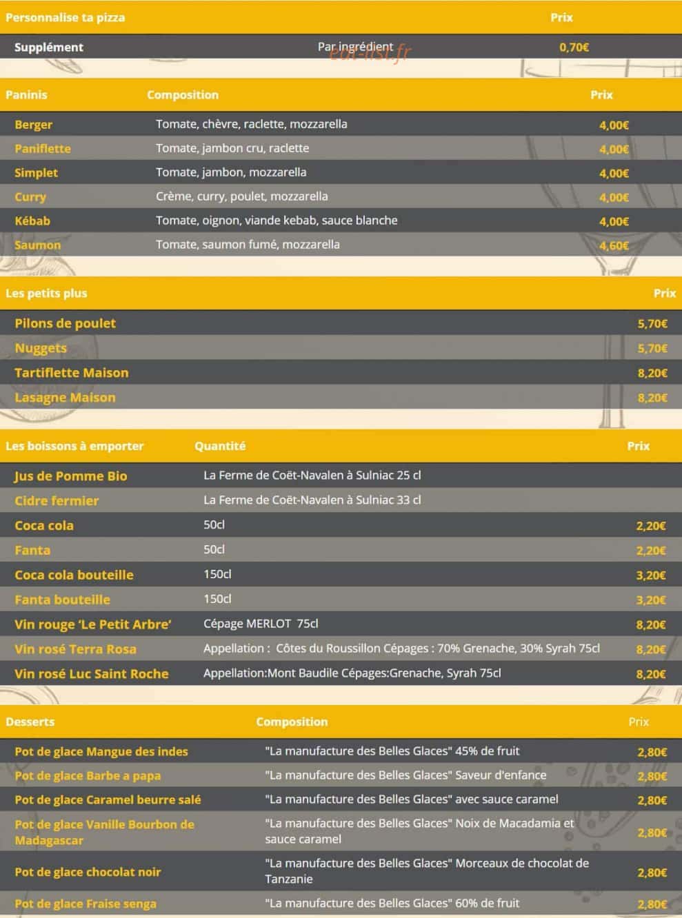La Casetta Pizzas — carte page 1