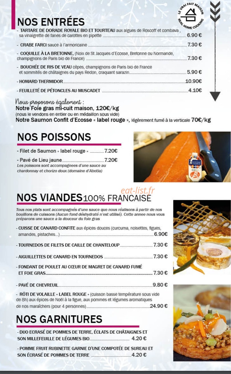 Carte et menu de Cuisine et Gourmandises à Saint Jean la Poterie — Les entrées, poissons et viandes, ...