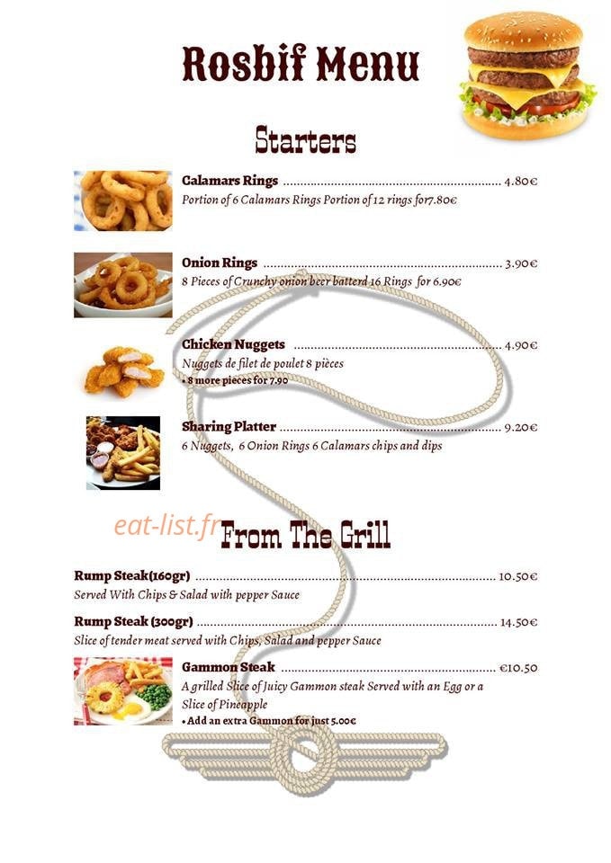 Carte et menu de Le Rosbif à Saint Vincent sur Oust — entrées, grill
