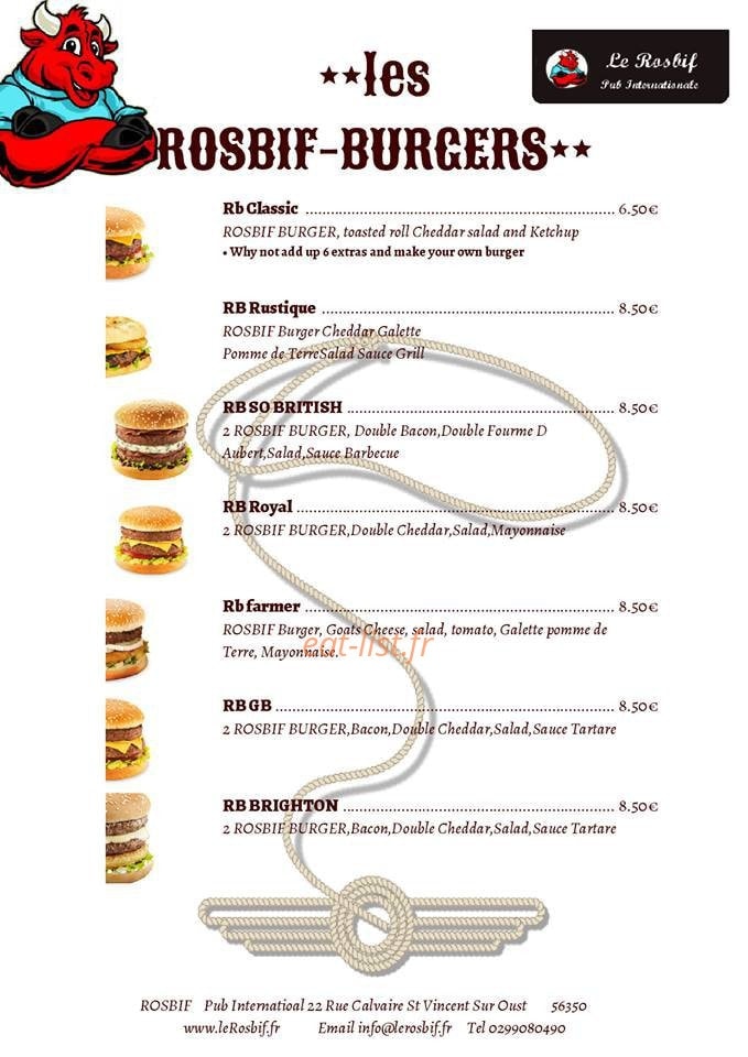 Carte et menu de Le Rosbif à Saint Vincent sur Oust — burgers