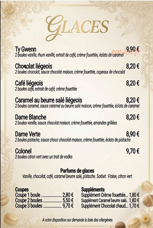 Carte et menu de Le Gwenn Ha Du à Sarzeau — Les glaces